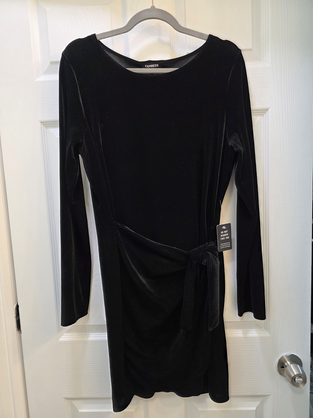 Express Black Velvet Long Sleeve Tie-Waist Mini Dress